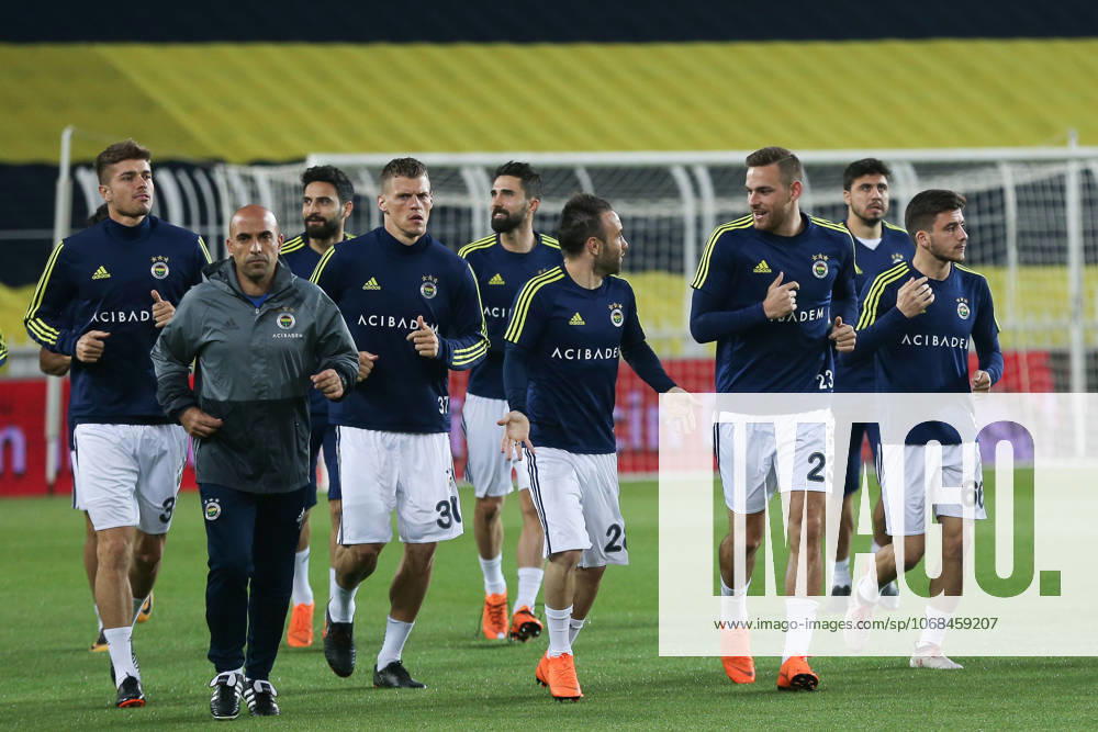 Fenerbahce v Besiktas: Ziraat Turkish Cup ISTANBUL, TURKEY - MAY 03: Players of Fenerbahce warm up ahead of the Ziraat Turkish Cup soccer match between Fenerbahce and Besiktas at Ulker Stadium in Istanbul, Turkey on May 03, 2018. The game was decided to continue without spectators due to the incidents took place in the semi final return match causing the game to be cancelled. Besiktas did not turn up for the replay with Fenerbahce as the club announced earlier. Istanbul Turkey. Editorial use only. Please get in touch for any other usage.