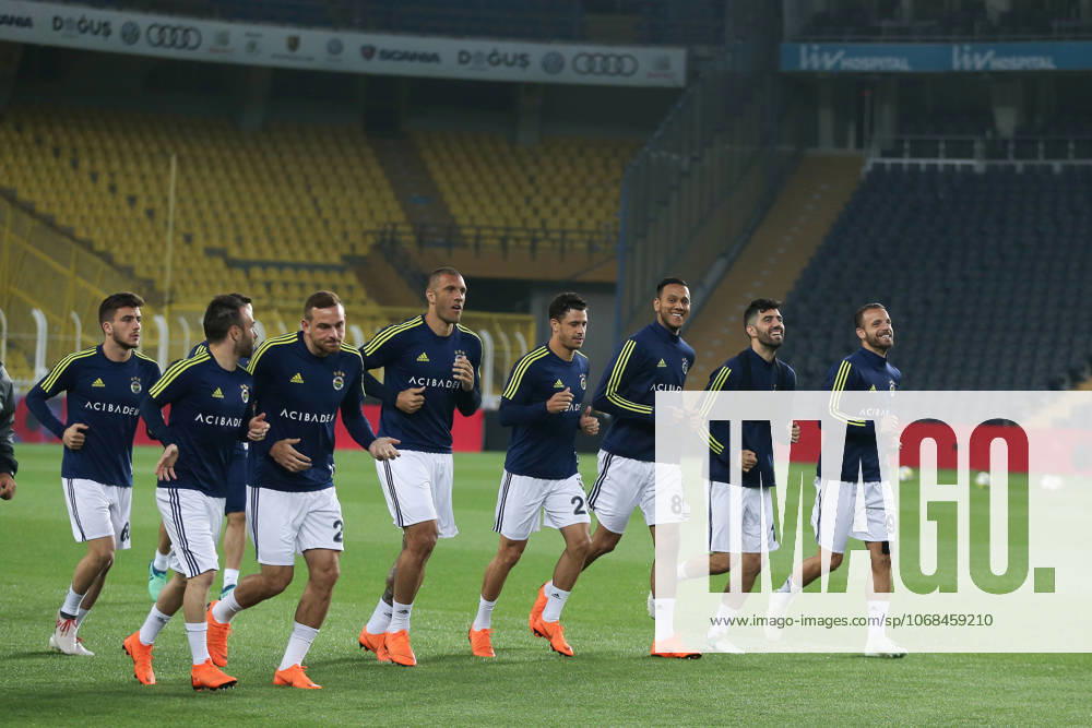 Fenerbahce v Besiktas: Ziraat Turkish Cup ISTANBUL, TURKEY - MAY 03: Players of Fenerbahce warm up ahead of the Ziraat Turkish Cup soccer match between Fenerbahce and Besiktas at Ulker Stadium in Istanbul, Turkey on May 03, 2018. The game was decided to continue without spectators due to the incidents took place in the semi final return match causing the game to be cancelled. Besiktas did not turn up for the replay with Fenerbahce as the club announced earlier. Istanbul Turkey. Editorial use only. Please get in touch for any other usage.