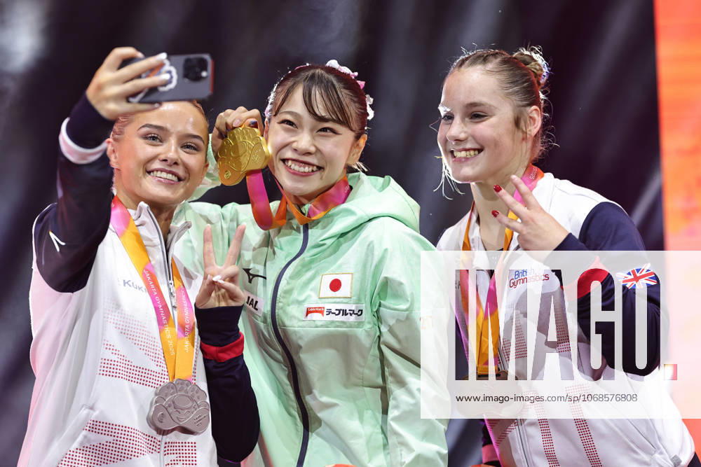 Winners Ruby Evans GBR, Aiko Sugihara JPN, Abigail Martin GBR after floor final at 2025 Worlds in Jakarta 25 10 2025
