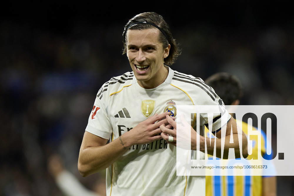 Alvaro Fernandez Carreras of Real Madrid CF celebrates after scoring a goal during La Liga football match between Real Madrid CF and Valencia CF at Santiago Bernabeu Stadium in Madrid, Spain, November 1, 2025 Madrid Spain - ZUMAa206 20251101_zsp_a206_143