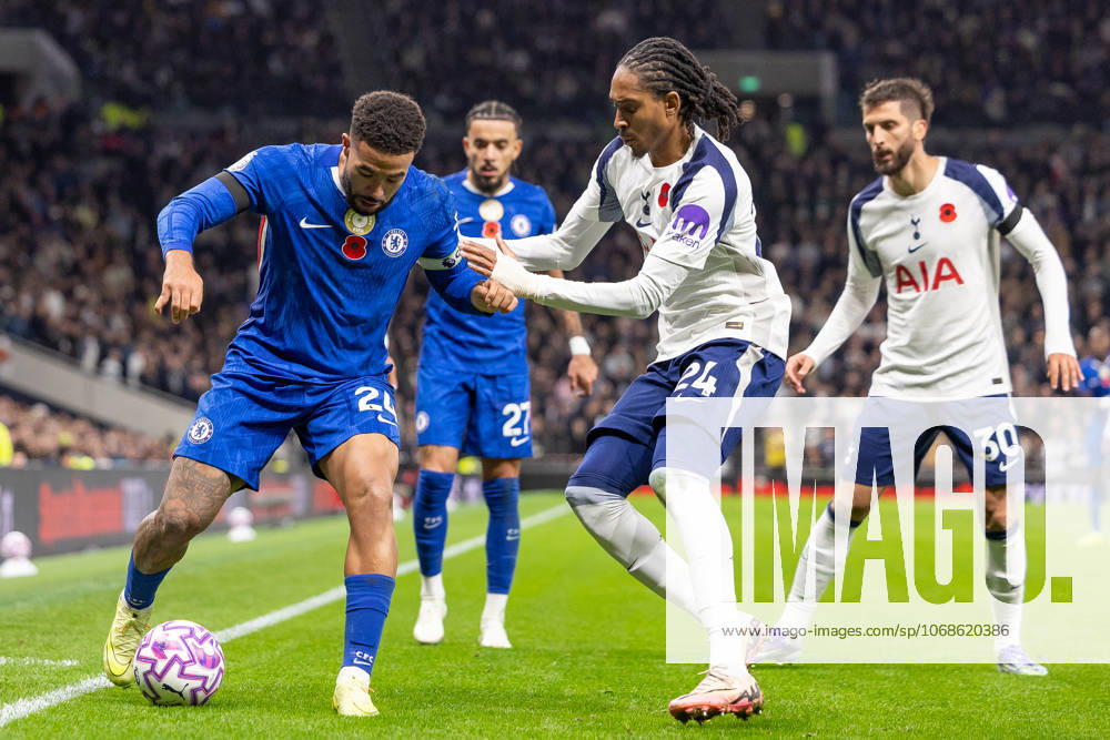 Tottenham Hotspur v Chelsea FC, Premier League, Football, The Tottenham Hotspur Stadium, London, UK - 01 Nov 2025 Djed Spence of Tottenham Hotspur pressures Reece James of Chelsea FC London The Tottenham Hotspur Stadium Tottenham GBR, UK NEWSPAPERS OUT