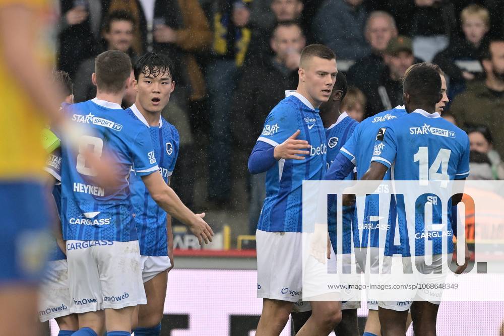 Genk s Hyeon-Gyu Oh celebrates after scoring during a soccer match between KVC Westerlo and KRC Genk, Sunday 02 November 2025 in Westerlo, on day 13 of the 2025-2026 Jupiler Pro League first division of the Belgian championship. JOHAN EYCKENS JohanxEyckens x138720443x