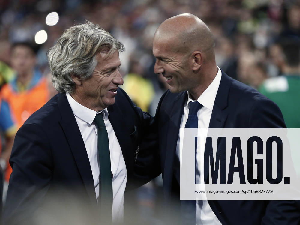 Real Madrid v Sporting Lizbon : UEFA Champions League MADRID, SPAIN - SEPTEMBER 14 : Head coach of Real Madrid Zinedine Zidane (R) and Head coach of Sporting Lisbon Jorge Jesus (L) talk each other before UEFA Champions League Group F match between Real Madrid and Sporting Lisbon at Santiago Bernabeu Stadium in Madrid, Spain on September 14, 2016. Lizbon Portugal. Editorial use only. Please get in touch for any other usage.