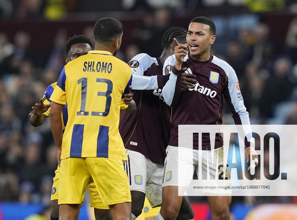 Birmingham, England, 6th November 2025. Morgan Rogers of Aston Villa exchanges words with Raz Shlomo of Maccabi Tel-Aviv during the Aston Villa vs Maccabi Tel-Aviv FC UEFA Europa League match at Villa Park, Birmingham. Picture credit should read: Andrew Yates Sportimage . SPI_046_AY_Villa_Macabbi SPI-4269-0046