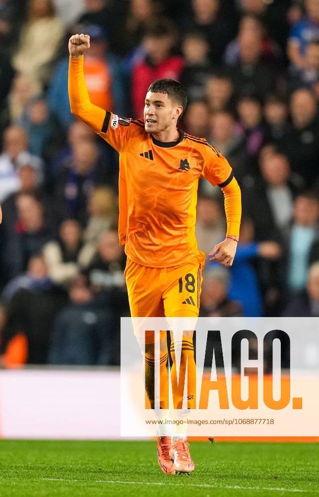 Matias Soule of AS Roma celebrates scoring to give Roma a 0-1 lead. Rangers v Roma, UEFA Europa League, Group Stage, Football, Ibrox Stadium, Glasgow, Scotland, UK - 06 Nov 2025Glasgow Ibrox Scotland United Kingdom