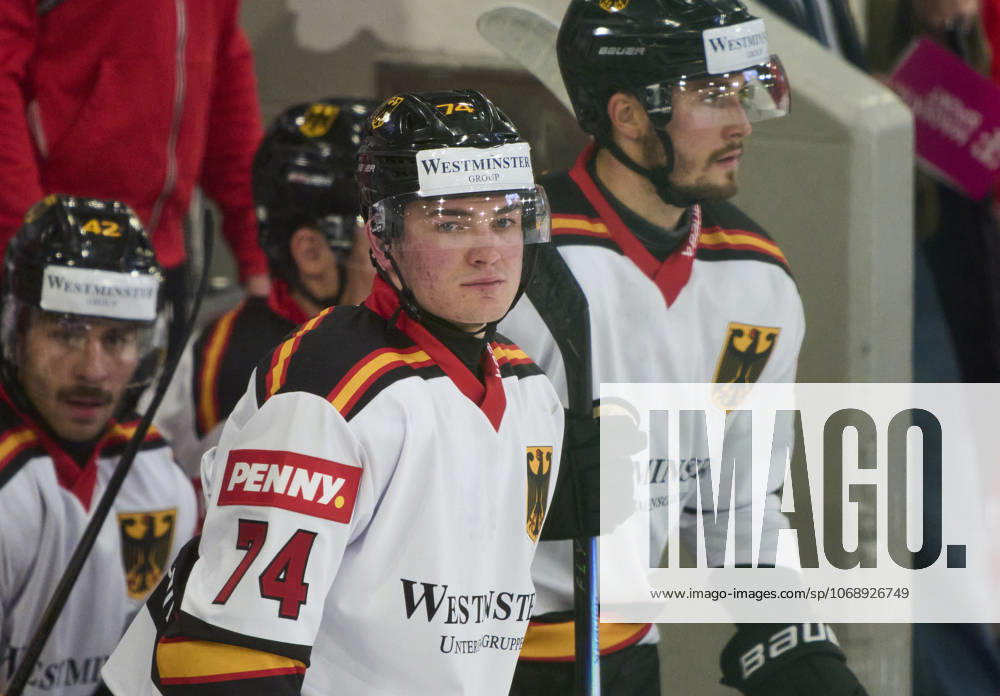 Justin Schütz of Germany at the match GERMANY - LATVIA 4-1 DEB Ice hockey, Eishockey DEUTSCHLAND CUP in Landshut, Germany, November 6, 2025, Season 2025 2026.