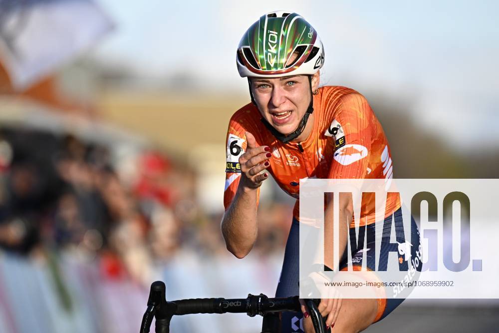 Dutch Inge van der Heijden celebrates as she crosses the finish line to win the elite women race at the UEC Cyclocross European Championships, Saturday 08 November 2025, in Middelkerke. JASPERxJACOBS x140193666x