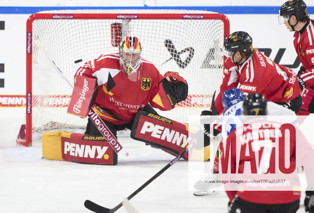 Maximilian Franzreb goalkeeper of Germany defend at the match GERMANY - SLOVAKIA DEB Ice hockey, Eishockey DEUTSCHLAND CUP in Landshut, Germany, November 9, 2025, Season 2025 2026.