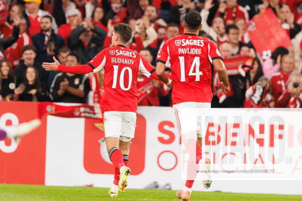 Georgiy Sudakov and Vangelis Pavlidis seen celebrating after scoring goal during Liga Portugal game between SL Benfica and Casa Pia AC (Maciej Rogowski Ball Raw Images) Lisbon Estadio Da Luz Portugal