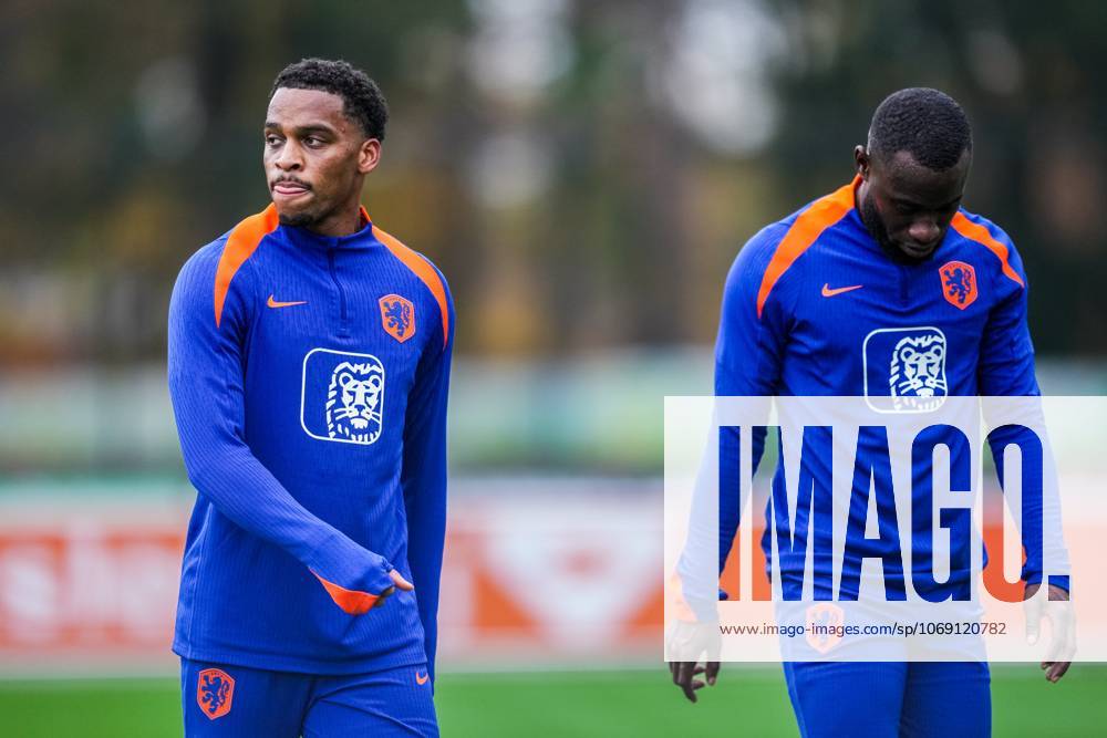 , KNVB Campus , season 2025 2026 , Dutch International football , Training session Netherlands , picture shows Netherlands player Jurien Timber and Netherlands player Lutsharel Geertruida Training session Netherlands 11-11-2025 x31986263x