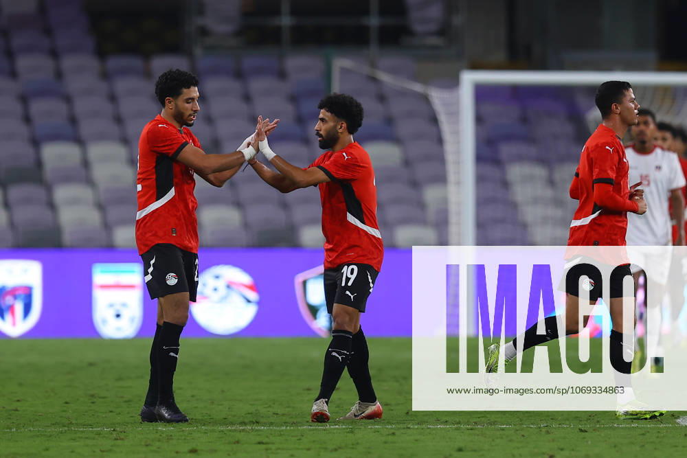 2025, 17 November - Al Ain, UAE - Omar Marmoush of Egypt national team, Nationalteam and Marwan Attia of Egypt national team goal celebration during the FIFA friendly international team match between Egypt National team and Cape Verde National team at Hazza bin Zayed Stadium in Ak Ain, UAE. FIFA Friendly international match, Länderspiel, Nationalmannschaft Egypt National team v Cape Verde National team before World Cup 2026