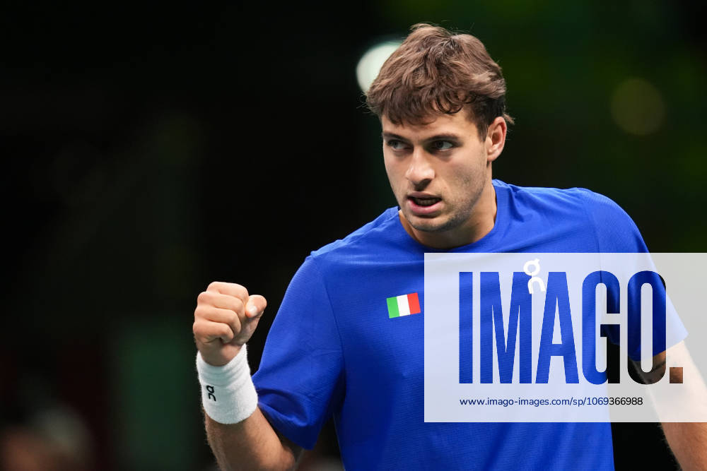 Flavio Cobolli celebrates during the Davis Cup Finals 2025 Quarterfinals match between Flavio Cobolli (Italy) and Filip Misolic (Austria) at Bologna Fiere, Bologna, Italy - November 19, 2025. - Tennis.