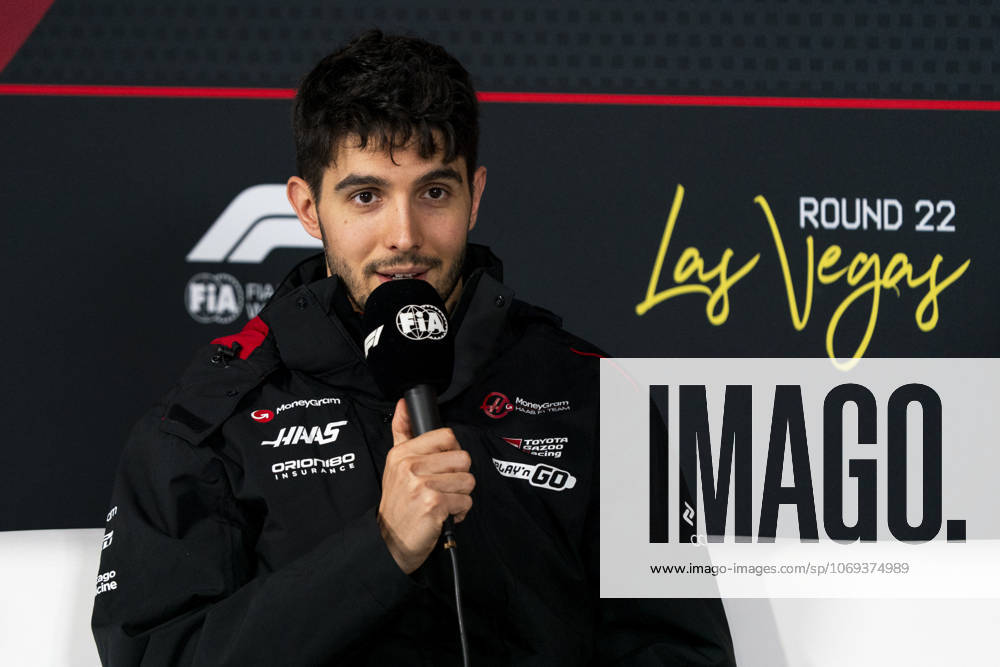 French Formula One driver Esteban Ocon of Haas F1 Team answers a question at a press conference, PK, Pressekonferenz during the Formula One Las Vegas Grand Prix at the Las Vegas Strip Circuit in Las Vegas on Wednesday, November 19, 2025. LAS2025111905 GREGxNASH