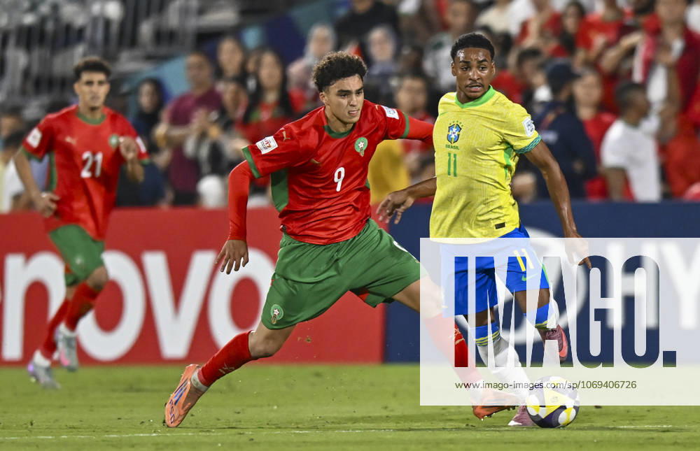 Morocco v Brazil : Quarter-final- FIFA U-17 World Cup Qatar 2025 Kayke of Brazil and Ziyad Baha of Morocco in action during the FIFA U-17 World Cup Qatar 2025 Quarter-final match between Morocco and Brazil in Doha, Qatar, on November 21, 2025. DOHA Qatar