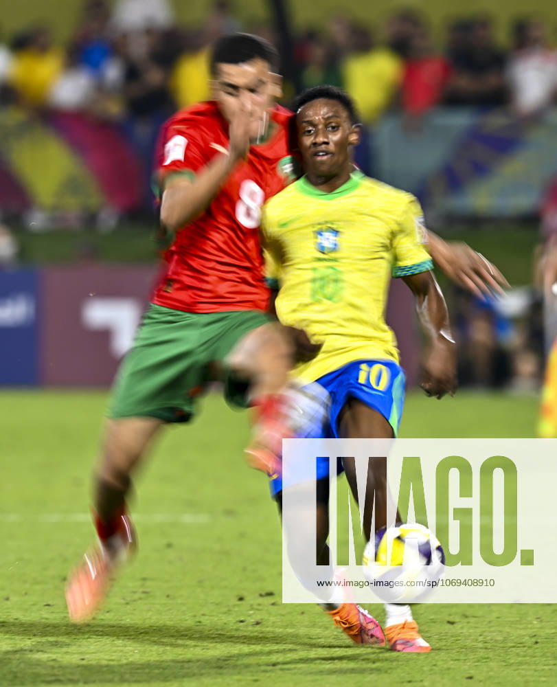 Morocco v Brazil : Quarter-final- FIFA U-17 World Cup Qatar 2025 Gabriel Mec of Brazil and Abdellah Ouazane of Morocco in action during the FIFA U-17 World Cup Qatar 2025 Quarter-final match between Morocco and Brazil in Doha, Qatar, on November 21, 2025. DOHA Qatar