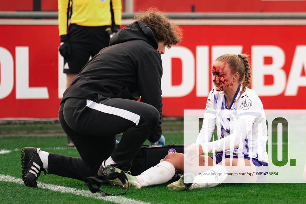 Paula Flach (SGS Essen, 5) getting injured during the Google Pixel Frauen Bundesliga game between Bayer 04 Leverkusen and SGS Essen at Ulrich - Haberland Stadium in Levekusen, Germany