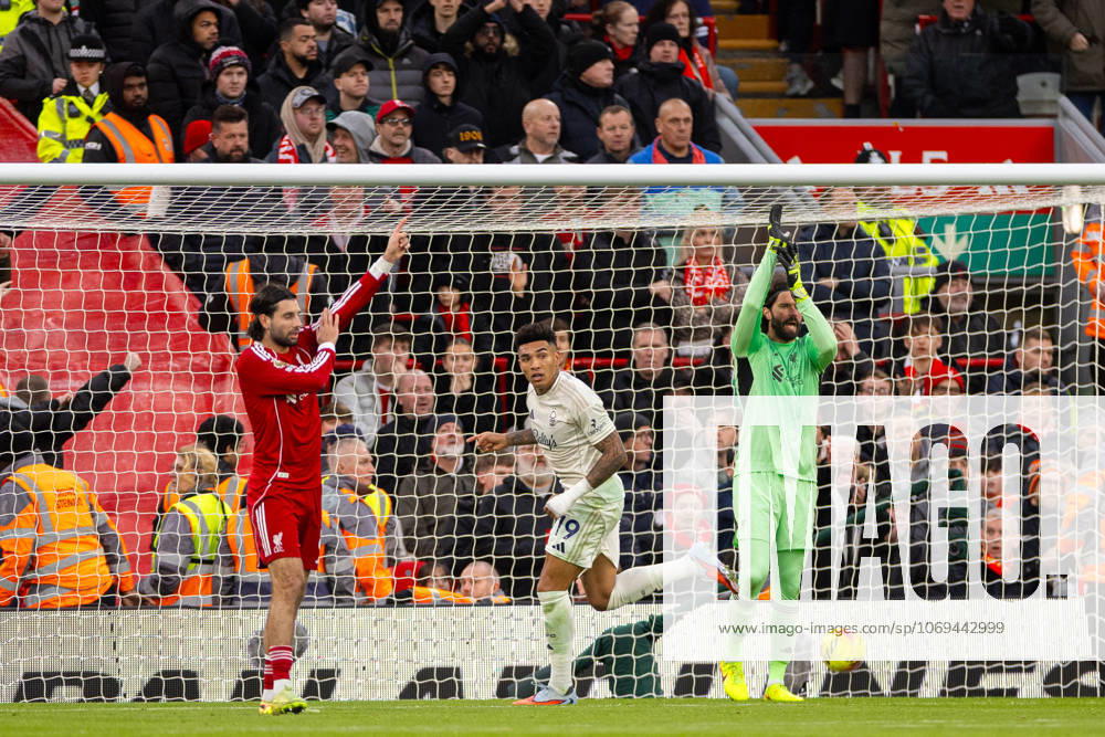 Football - FA Premier League - Liverpool FC v Nottingham Forest FC LIVERPOOL, ENGLAND - Saturday, November 22, 2025: Nottingham Forest s Igor Jesus celebrates after scoring the second goal as Liverpool team-mates Dominik Szoboszlai (L) and goalkeeper Alisson Becker (R) appeal for handball during the FA Premier League match between Liverpool FC and Nottingham Forest FC at Anfield. (Photo by David Rawcliffe Propaganda) LIVERPOOL Anfield MERSEYSIDE ENGLAND