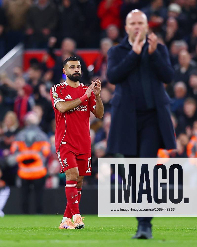 Mohamed Salah of Liverpool thanks the fans at the end of the match behind manager Arne Slot Liverpool v Nottingham Forest, Premier League, Football, Anfield, Liverpool, UK - 22 Nov 2025Liverpool Anfield United Kingdom