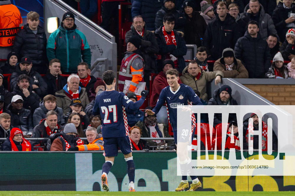 Football - UEFA Champions League - League Phase - Liverpool FC v PSV Eindhoven LIVERPOOL, ENGLAND - Wednesday, November 26, 2025: PSV Eindhoven s Guus Til celebrates with team-mate Dennis Man after scoring his side s second goal during the UEFA Champions League match between Liverpool FC and PSV Eindhoven at Anfield. (Photo by David Rawcliffe Propaganda) LIVERPOOL Anfield MERSEYSIDE ENGLAND