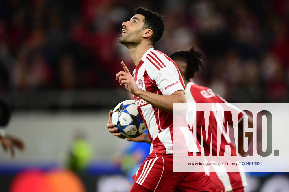 Mehdi Taremi of Olympiacos celebrates a goal during the UEFA Champions League 2025 26 League Phase MD5 match between Olympiacos FC and Real Madrid C.F. at Stadio Georgios Karaiskakis on November 26, 2025 in Piraeus, Greece. Piraeus Greece - ZUMAa181 20251126_zaa_a181_330