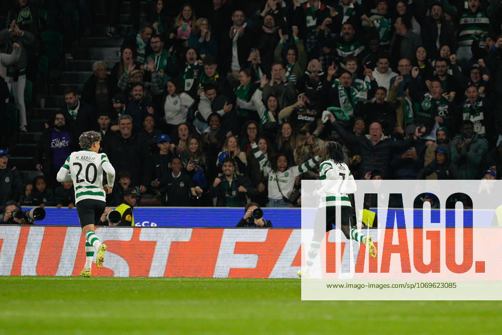 Sporting CP Vs Club Brugge KV in Lisbon, Portugal - 26 Nov 2025 Maximiliano Araujo (L) and Geovany Quenda of Sporting CP (R) celebrate a goal during UEFA Champions League 2025 26 League phase Matchday 5 between Sporting CP and Club Brugge KV at Estadio Jose Alvalade. Final score Sporting CP 3 : 0 Club Brugge KV Lisbon Portugal