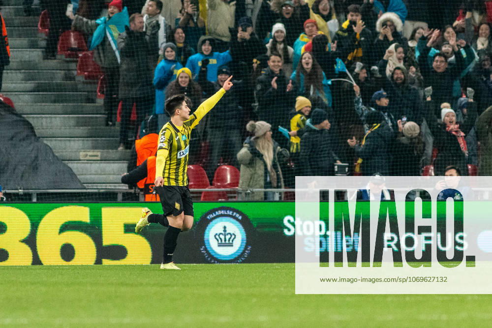 F.C. Copenhagen v FC Kairat Almaty - UEFA Champions League 2025 26 League Phase MD5 Dastan Satpayev of FC Kairat Almaty celebrates his goal during the UEFA Champions League 2025 26 League Phase MD5 match between F.C. Copenhagen and FC Kairat Almaty at Parken Stadium in Copenhagen, Denmark, on November 26, 2025. Copenhagen Denmark