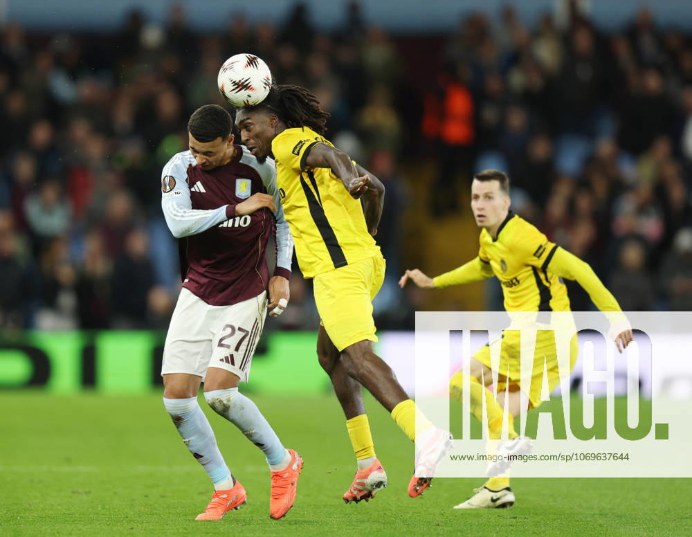 Birmingham, England, 27th November 2025. Morgan Rogers of Aston Villa challenged by Tanguy Zoukrou of Young Boys during the Aston Villa vs Young Boys UEFA Europa League match at Villa Park, Birmingham. Picture credit should read: James Baylis Sportimage . SPI_024_JB_Villa_YoungBoys SPI-4329-0023