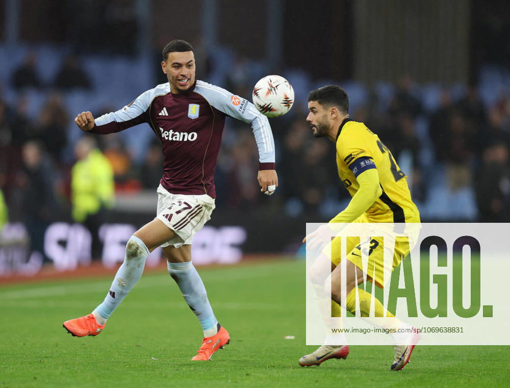 Birmingham, England, 27th November 2025. Morgan Rogers of Aston Villa and Loris Benito of Young Boys during the Aston Villa vs Young Boys UEFA Europa League match at Villa Park, Birmingham. Picture credit should read: James Baylis Sportimage . SPI_029_JB_Villa_YoungBoysx SPI-4329-0026
