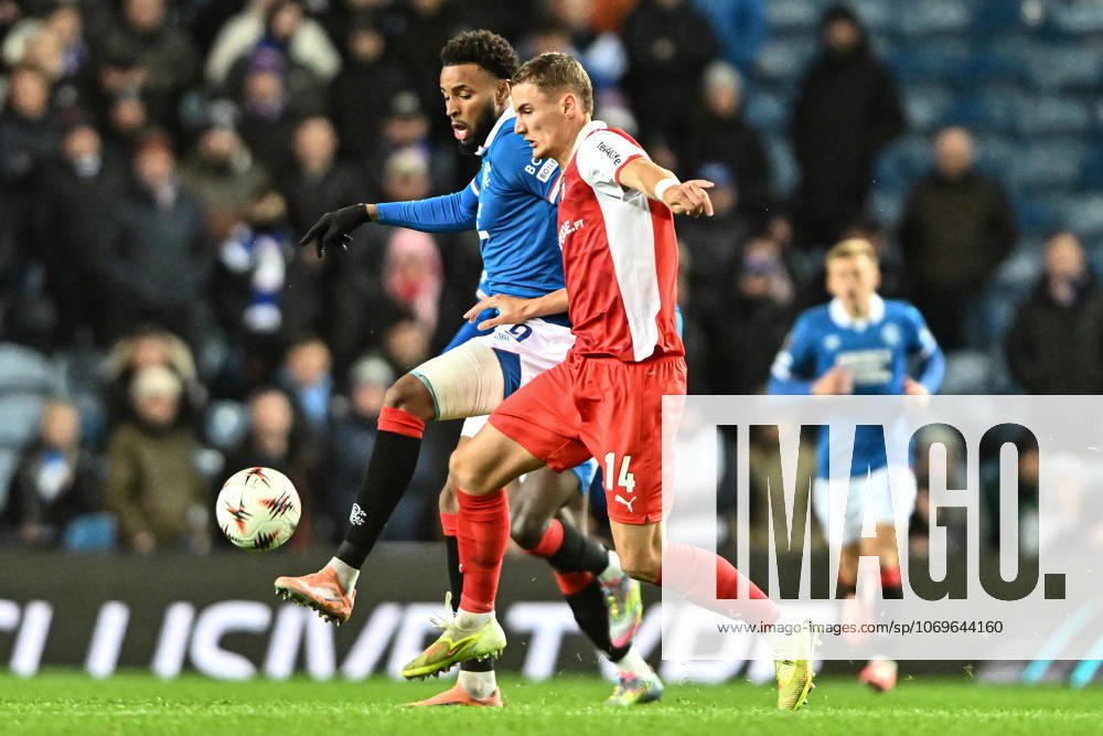 Rangers v S.C. Braga UEFA Europa League Youssef Chermiti of Rangers and Gustaf Lagerbielke of S.C. Braga during the UEFA Europa League match at Ibrox Stadium, Glasgow UK Newspapers OUT