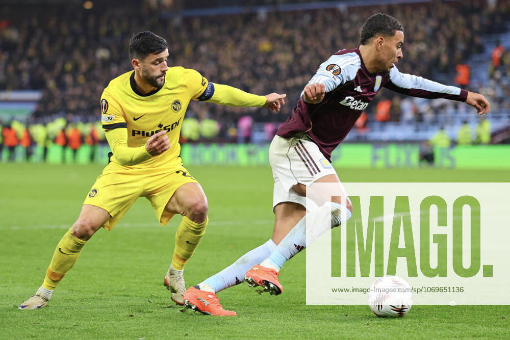 Birmingham, England, 27th November 2025. Morgan Rogers of Aston Villa and Loris Benito of Young Boys during the Aston Villa vs Young Boys UEFA Europa League match at Villa Park, Birmingham. Picture credit should read: James Baylis Sportimage . SPI_047_JB_VILLA_YOUNGBOYS SPI-4329-0048