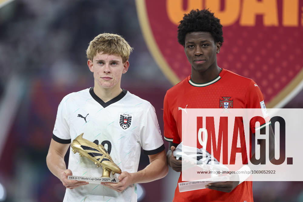 PORTUGAL vs AUSTRIA : FIFA U-17 WORLD CUP QATAR 2025 FINAL Johannes Mathias Moser of Austria pose with Golden Boot award and Anisio Cabral of Portugal pose with Silver Boot award after the FIFA U-17 World Cup Qatar 2025 final match between Portugal and Austria at Khalifa International Stadium in Doha, Qatar, on November 27, 2025. DOHA Qatar