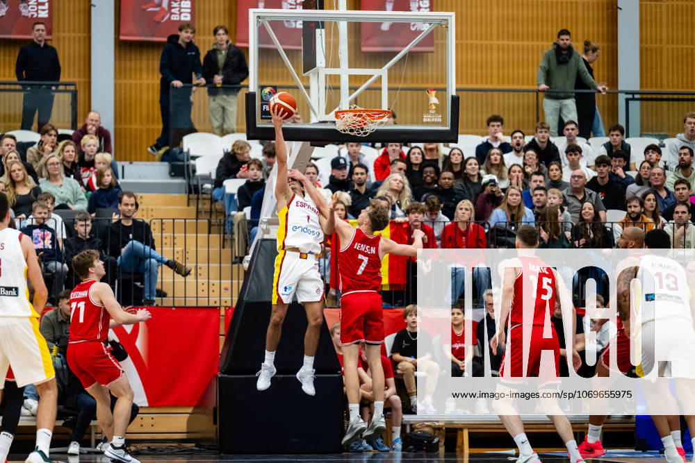 Denmark v Spain, FIBA World Cup 2027 European Qualifiers, Farum, Denmark Farum, Denmark. 27th, November 2025. Alvaro Cardenas (1) of Spain and Tobias Jensen (7) of Denmark seen during the FIBA World Cup 2027 European qualifier between Denmark and Spain at Farum Arena in Farum.