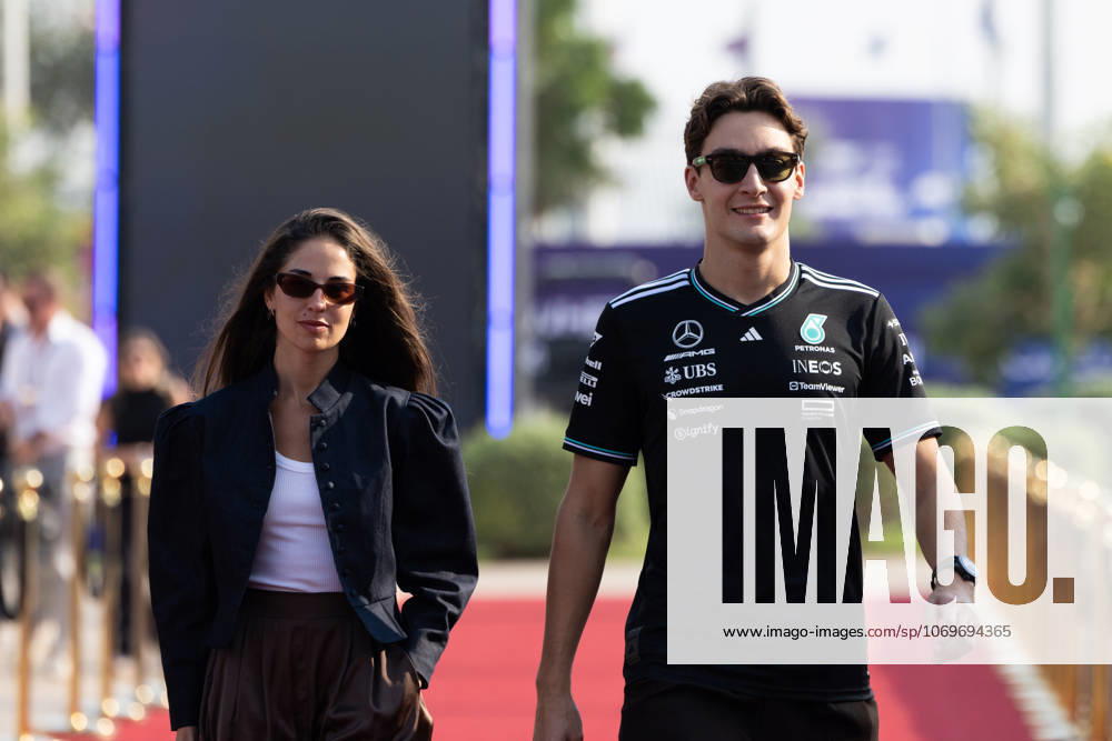 GEORGE RUSSELL (63, British F1 Driver, Mercedes Formula 1 Team) and his girlfriend CARMEN MONTERO MUNDT entering the paddock on saturday (quali and sprint day) at the Formula 1 Qatar Airways Qatar Grand Prix 2025 at the Lusail International Circuit in Doha Goito Italy - ZUMAr193 20251129_zsp_r193_007