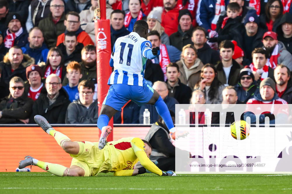 Nottingham, England, 30th November 2025. Matz Sels, Nottingham Forest goalkeeper saves at the feet of Yankuba Minteh of Brighton during the Nottingham Forest vs Brighton and Hove Albion Premier League match at the City Ground, Nottingham. Picture credit should read: Craig Thomas Sportimage . SPI_020_CT_Nottingham_Forest_vs_Brighton_and_Hove_Albion SPI-4337-0031