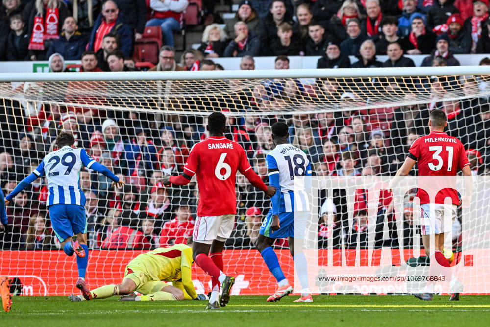 30th November 2025; The City Ground, Nottingham, England; Premier League Football, Nottingham Forest versus Brighton and Hove Albion; Maxim De Cuyper of Brighton scores past Matz Sels of Nottingham Forest in the 1st minute of added time in the first half to make the score 0-1 GodfreyxPitt