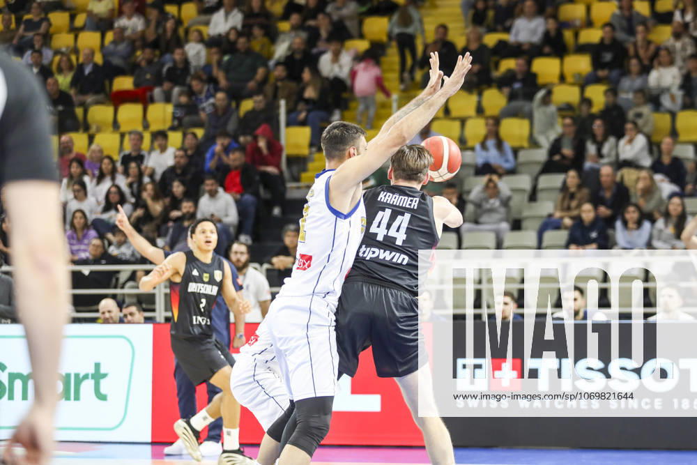 FIBA World Cup Qualifiers : Cyprus vs Germany DAVID KRAMER of Germany tries to pass the ball. Cyprus plays vs Germany for the Group E of the FIBA Basketball World Cup European Qualifiers, at Spyros Kyprianou Arena, Limassol, Cyprus, on Dec. 1, 2025.. Cyprus plays vs Germany for the Group E of the FIBA Basketball World Cup European Qualifiers, at Spyros Kyprianou Arena, Limassol, Cyprus, on Dec. 1, 2025. Limassol Cyprus