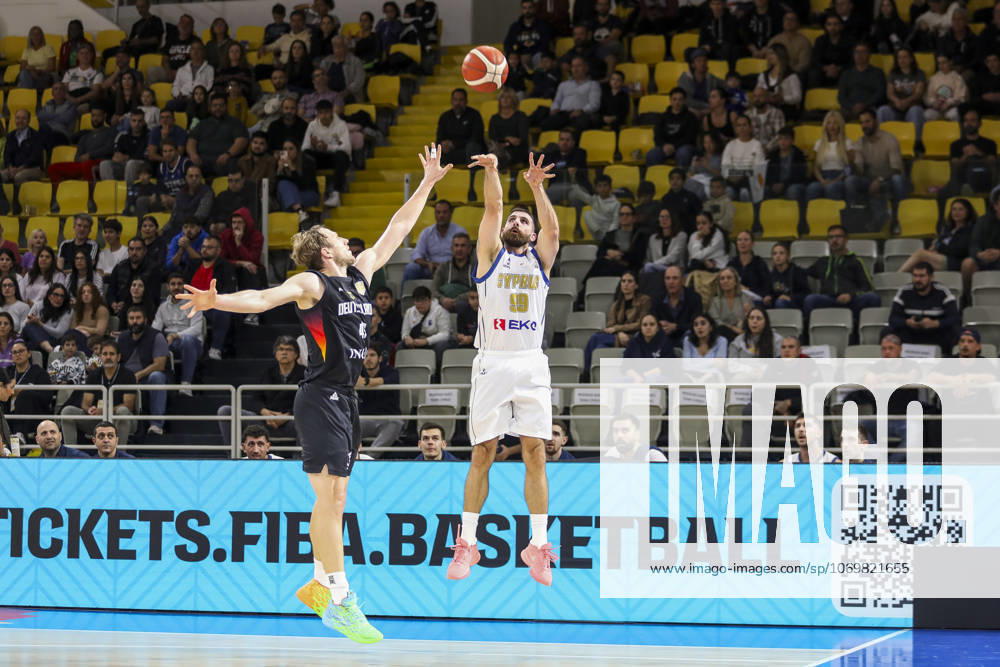 FIBA World Cup Qualifiers : Cyprus vs Germany NIKOS STYLIANOU of Cyprus shots a 3-pointer. Cyprus plays vs Germany for the Group E of the FIBA Basketball World Cup European Qualifiers, at Spyros Kyprianou Arena, Limassol, Cyprus, on Dec. 1, 2025.. Cyprus plays vs Germany for the Group E of the FIBA Basketball World Cup European Qualifiers, at Spyros Kyprianou Arena, Limassol, Cyprus, on Dec. 1, 2025. Limassol Cyprus