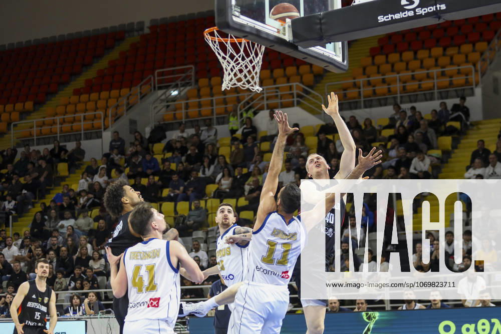 FIBA World Cup Qualifiers : Cyprus vs Germany COLLIN WELP of Germany scores in front of MICHALIS KOUMIS of Cyprus. Cyprus plays vs Germany for the Group E of the FIBA Basketball World Cup European Qualifiers, at Spyros Kyprianou Arena, Limassol, Cyprus, on Dec. 1, 2025. Limassol Cyprus