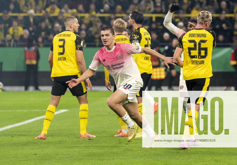 Ibrahim MAZA Bayer 04 Leverkusen, 30 Cheering after the goal to 0 1 Celebrate his Goal Borussia Dortmund Bayer Leverkusen, DFB Pokal Round of 16 in Dortmund, Signal Iduna Park DFL regulations prohibit any use of photographs as image sequences and or quasi video
