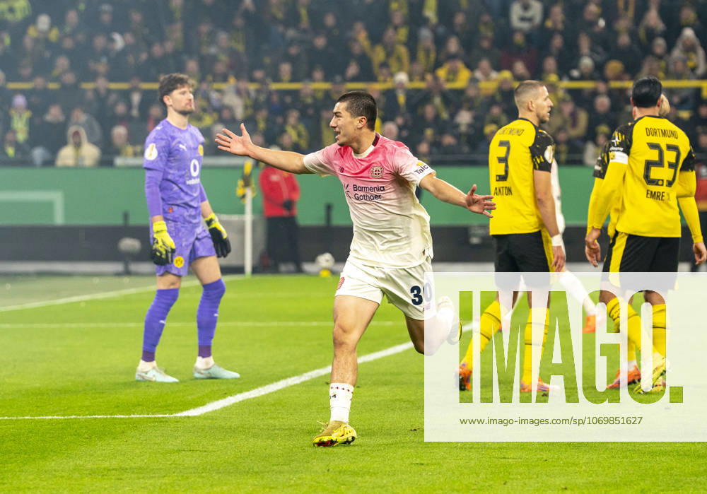 Ibrahim MAZA Bayer 04 Leverkusen, 30 Cheering after the goal to 0 1 Celebrate his Goal Borussia Dortmund Bayer Leverkusen, DFB Pokal Round of 16 in Dortmund, Signal Iduna Park DFL regulations prohibit any use of photographs as image sequences and or quasi video