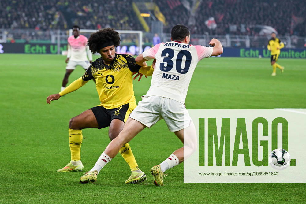 Football, DFB Cup, Round of 16, Borussia Dortmund Bayer Leverkusen, Karim Adeyemi Borussia Dortmund , Ibrahim Maza Bayer Leverkusen xRHR PHOTO TKx