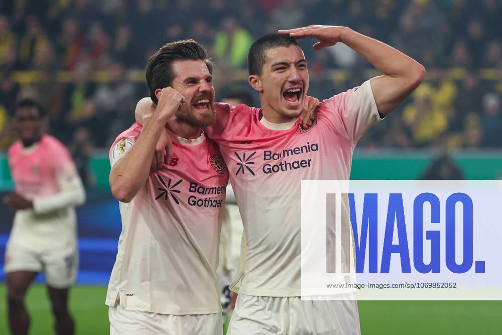 Soccer DFB Cup Borussia Dortmund Bayer 04 Leverkusen on 02 12 2025 at Signal Iduna Park in Dortmund Cheering, goal celebration, goal scorer, goal scorer Ibrahim Maza Leverkusen 30 celebrates after his goal to 0 to 1 with Jonas Hofmann Leverkusen 7 MH