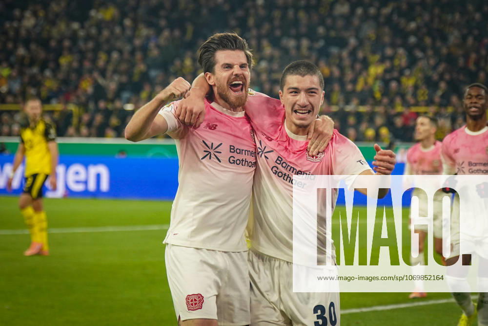 Germany Soccer DFB Cup 2025 26, Round of 16 Borussia Dortmund vs Bayer 04 Leverkusen Signal Iduna Park Dortmund Goal and goal celebration to 0 1 by Ibrahim Maza Bayer Leverkusen, 30 Joy, emotions, jubilation with Jonas Hofmann Bayer Leverkusen, 7 Dortmund North Rhine-Westphalia Germany