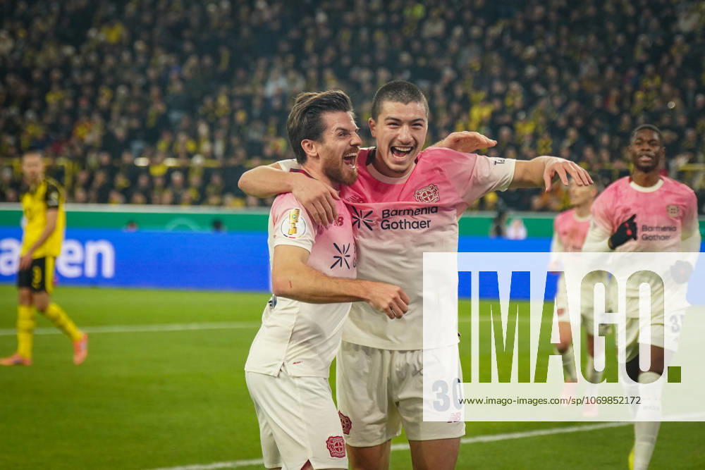 Germany Soccer DFB Cup 2025 26, Round of 16 Borussia Dortmund vs Bayer 04 Leverkusen Signal Iduna Park Dortmund Goal and goal celebration to 0 1 by Ibrahim Maza Bayer Leverkusen, 30 Joy, emotions, jubilation with Jonas Hofmann Bayer Leverkusen, 7 Dortmund North Rhine-Westphalia Germany
