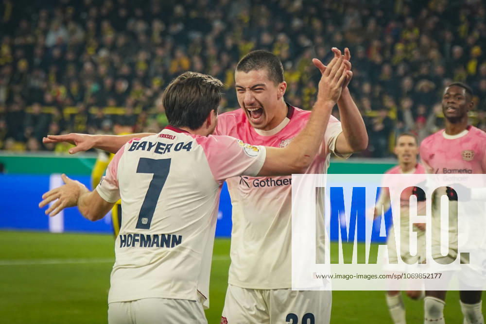 Germany Soccer DFB Cup 2025 26, Round of 16 Borussia Dortmund vs Bayer 04 Leverkusen Signal Iduna Park Dortmund Goal and goal celebration to 0 1 by Ibrahim Maza Bayer Leverkusen, 30 Joy, emotions, jubilation with Jonas Hofmann Bayer Leverkusen, 7 Dortmund North Rhine-Westphalia Germany