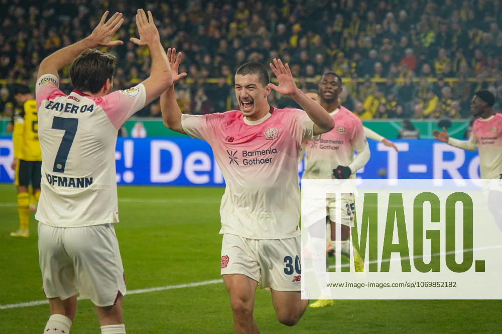 Germany Soccer DFB Cup 2025 26, Round of 16 Borussia Dortmund vs Bayer 04 Leverkusen Signal Iduna Park Dortmund Goal and goal celebration to 0 1 by Ibrahim Maza Bayer Leverkusen, 30 Joy, emotions, jubilation with Jonas Hofmann Bayer Leverkusen, 7 Dortmund North Rhine-Westphalia Germany