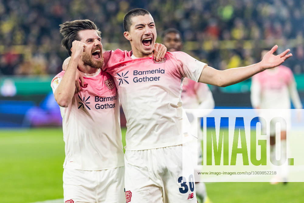 Ibrahim Maza (Bayer 04 Leverkusen, 30) celebrates the 0:1 goal with Jonas Hofmann (Bayer 04 Leverkusen,7) during the DFB Pokal Round of 16 match between Borussia Dortmund vs. Bayer 04 Leverkusen at Signal Iduna Park on Round of Sixteen of the DFB Pokal on December 2, 2025 in Dortmund, Germany. DFB REGULATIONS PROHIBIT ANY USE OF PHOTOGRAPHS AS IMAGE SEQUENCES AND OR QUASI-VIDEO. North Rhine Westphalia Germany