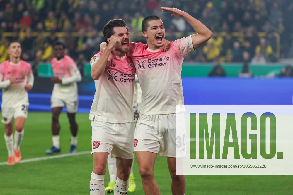 Soccer DFB Cup Borussia Dortmund Bayer 04 Leverkusen on 02 12 2025 at Signal Iduna Park in Dortmund Cheering, goal celebration, goal scorer, goal scorer Ibrahim Maza Leverkusen 30 celebrates after his goal to 0 to 1 with Jonas Hofmann Leverkusen 7 MH