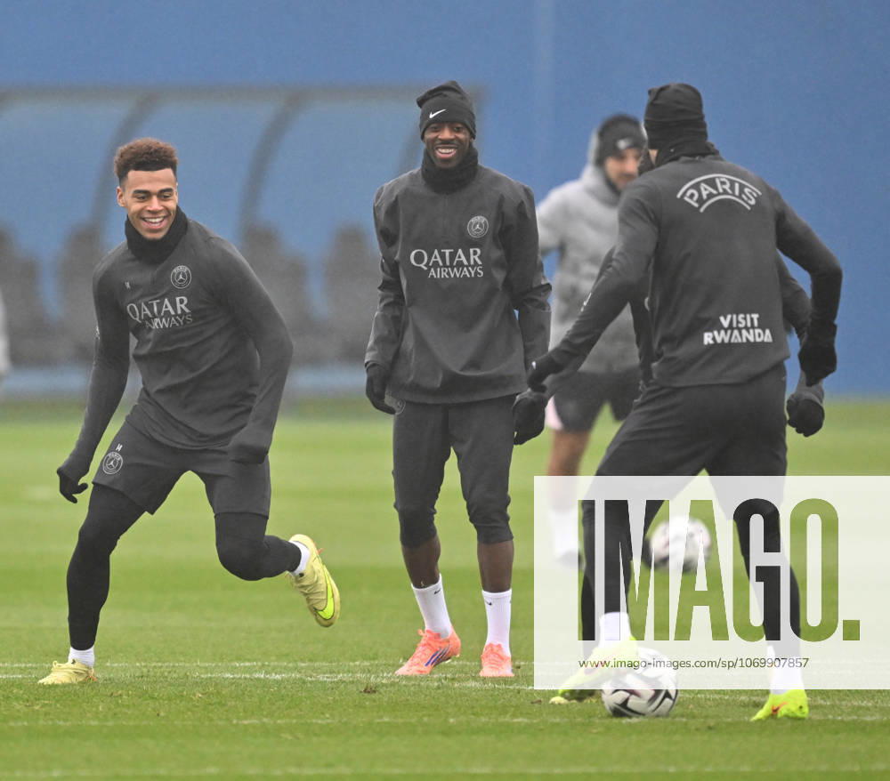 Paris Saint-Germain media day at the PSG Campus POISSY, FRANCE - DECEMBER 04: Desire Doue (L) and Ousmane Dembele (C), players of Paris Saint-Germain, in action during a training session on media day at the PSG Campus in Poissy, west of Paris, France on December 04, 2025. Mustafa Yalcin Anadolu Poissy France. Editorial use only. Please get in touch for any other usage.