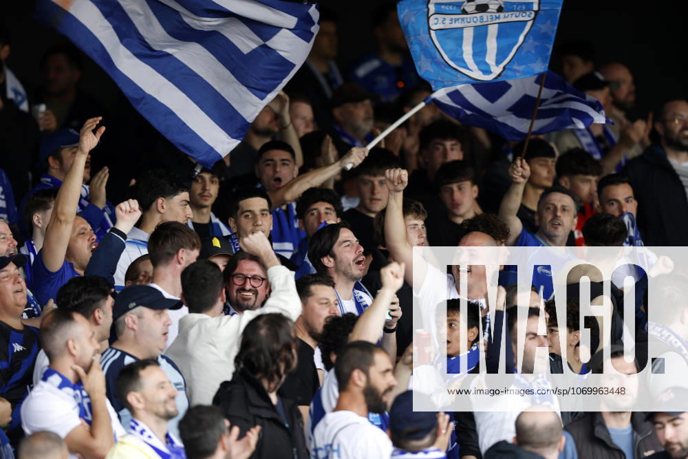 SOCCER AUSTRALIAN CHAMPIONSHIPS FINAL, South Melbourne fans are seen in the stands during the inaugural Australian Championship Final match between South Melbourne FC and Marconi Stallions FC at the Olympic Village in Melbourne, Saturday, December 6, 2025. ( NO ARCHIVING, MELBOURNE VICTORIA AUSTRALIA